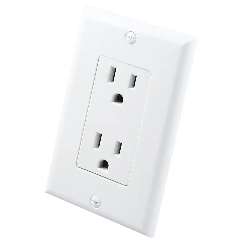 White plug-in LED socket night light with automatic sensor, installed in a wall socket.