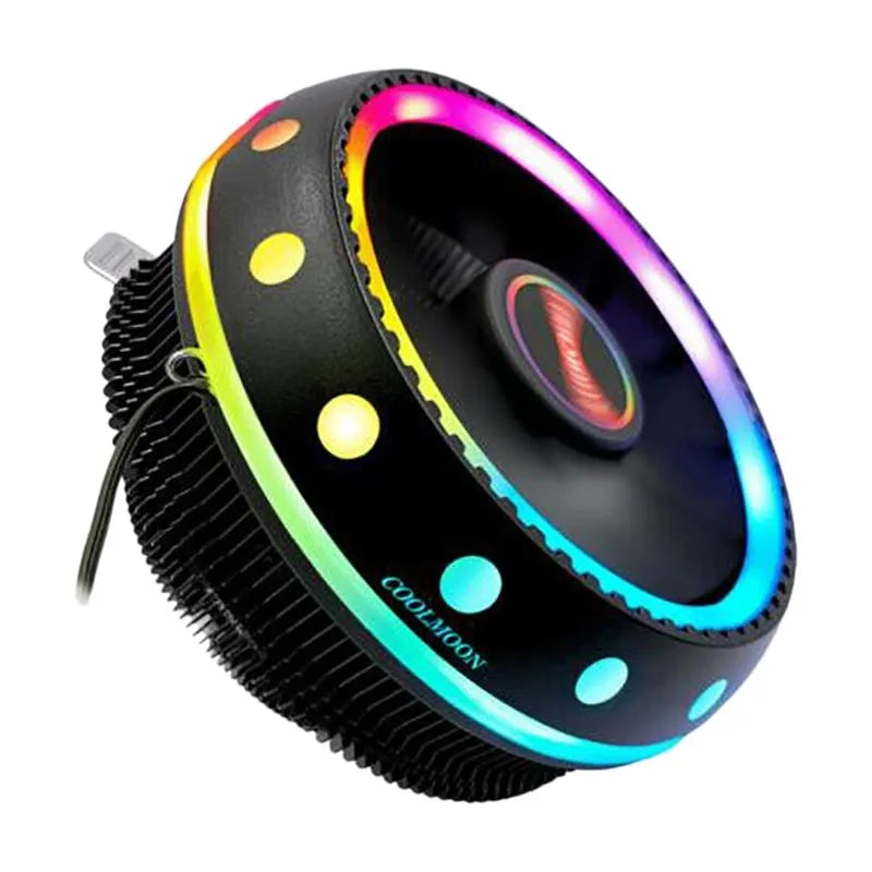 Black CPU heat sink with aluminium fins and colour changing fan for desktop PC cooling