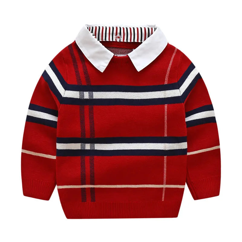 Boys plaid jacquard sweater in apricot colour with long sleeves and pullover design