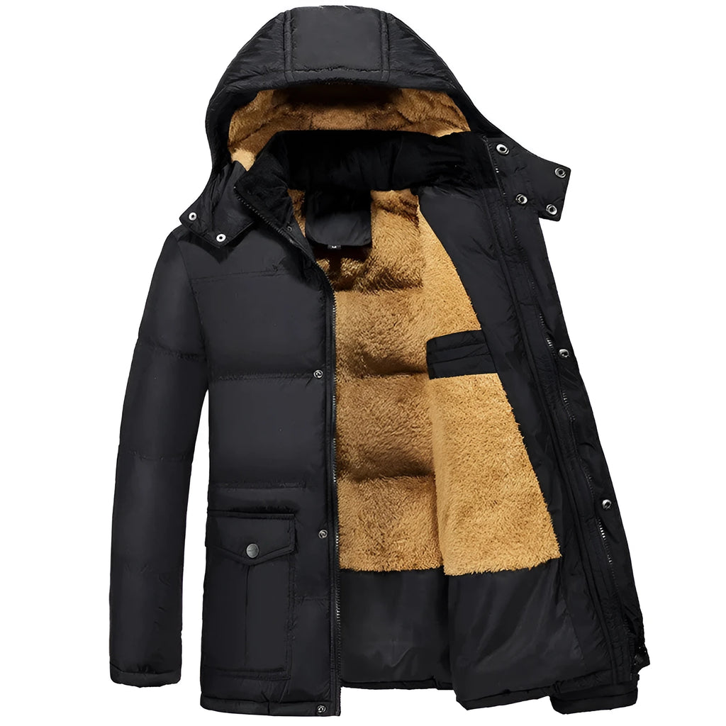 Men's black velvet padded jacket with hood and double-breasted button front, shown on a model.