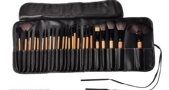 24-piece professional makeup brush set with wooden handles in a PU gift bag case