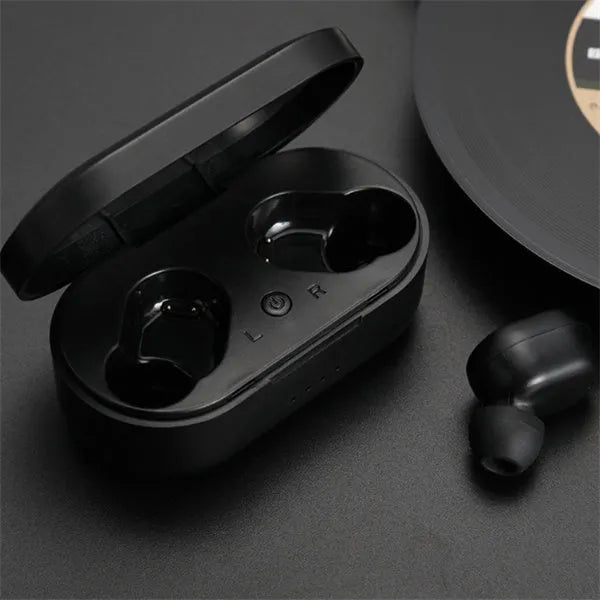 M1 Bluetooth wireless earbuds in black and white colours showing bilateral stereo design
