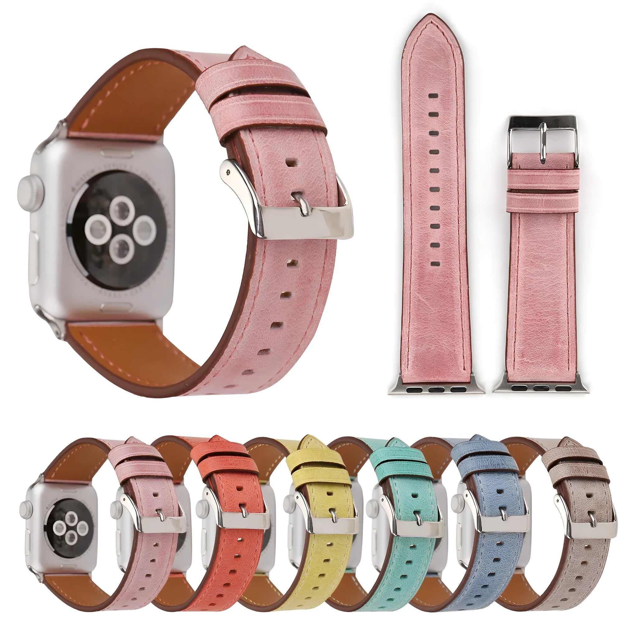 Leather watch strap with folding buckle shown in multiple colour options.