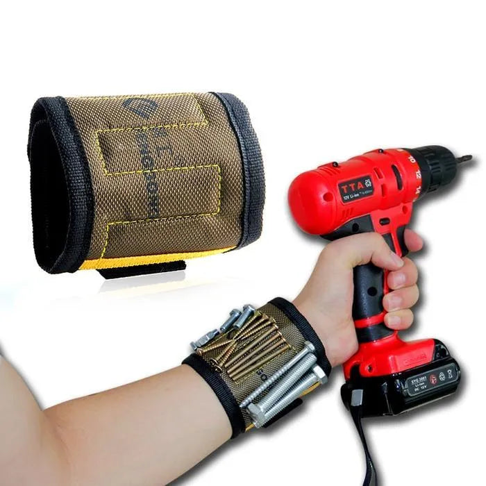 Adjustable magnetic wristband with five strong magnets, 1680D Oxford cloth, black colour, on a workbench