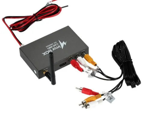 Black Car Mirror Link Box Wi-Fi converter with power cable, AV cable, antenna, and user manual