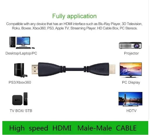 Gold-plated male to male HDMI cable in various lengths from 0.3 to 5 metres for HDTV and gaming.