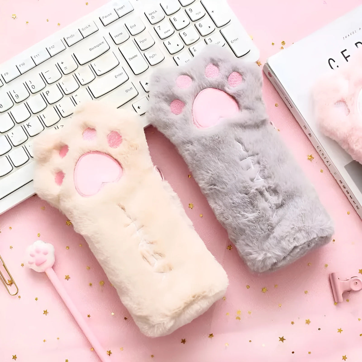 Plush cat's paw bag in beige with Korean-style design, measuring 23cm by 12.5cm