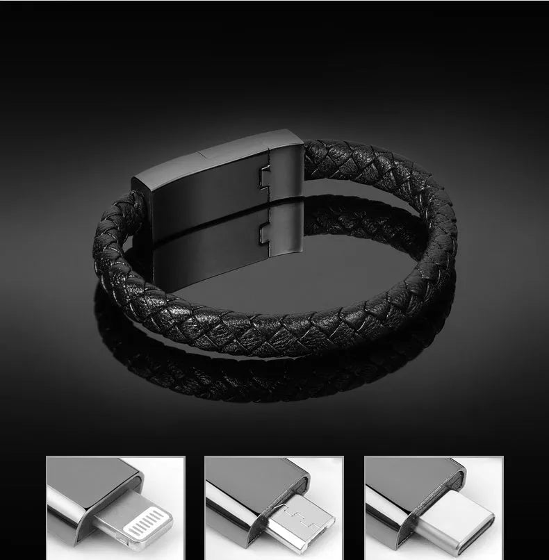 Brown leather bracelet with integrated 22.5cm charging cable and Micro USB connector