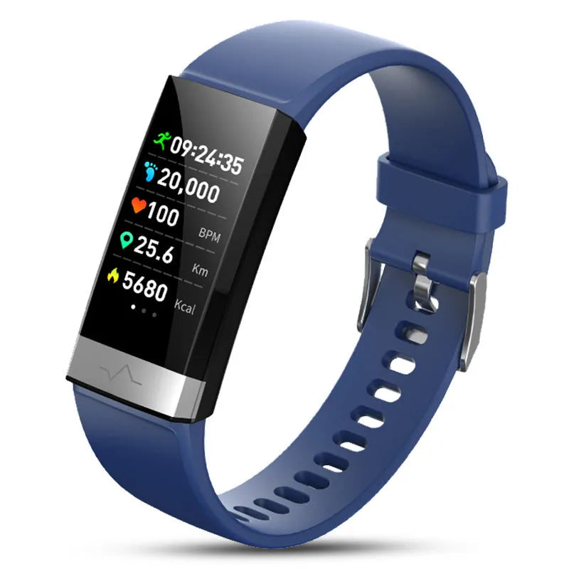 V19 smart fitness tracker bracelet with colour screen on a wrist, showing health data.