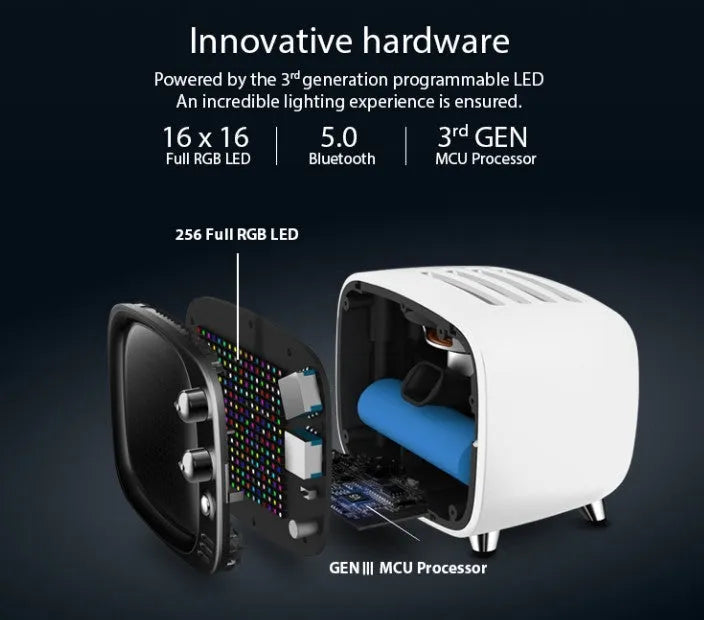 Portable Bluetooth speaker and alarm clock unit in one of six colour options: black, blue, green, pink, red, or white.