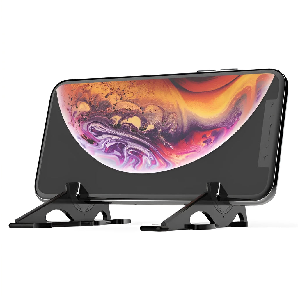 A black plastic card-type mobile phone stand holding a smartphone on a desktop.