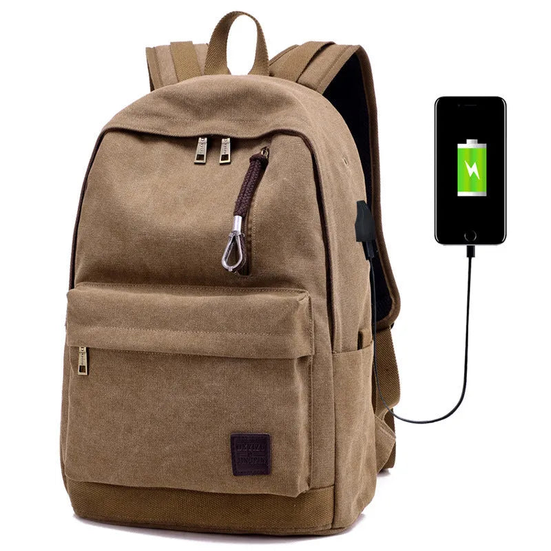 Coffee-coloured canvas backpack with USB charging port and multiple compartments.