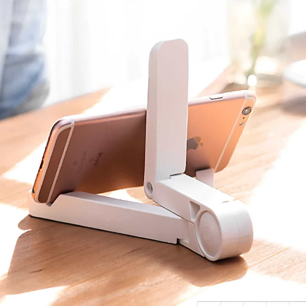 Black foldable tablet holder standing upright holding a tablet, shown next to its folded flat profile.