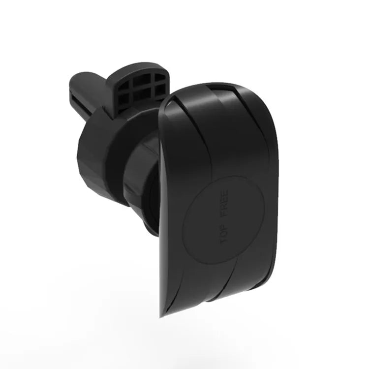 Black car phone holder clipped to vehicle air vent holding smartphone for navigation