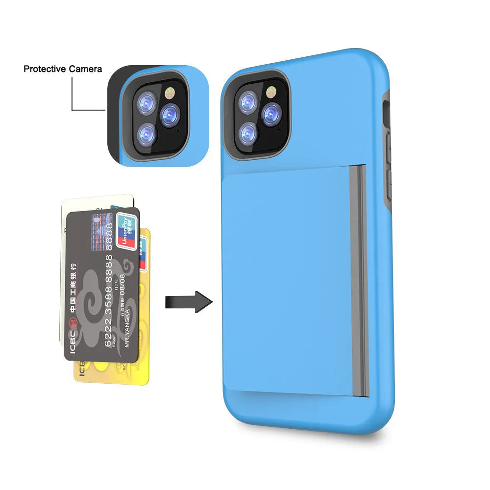 Solid colour iPhone case with hard back and flexible sides for iPhone 11, 11 Pro, and 11 Pro Max in black, blue, red, and purple.