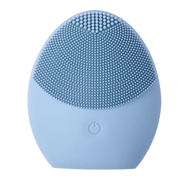 Electric ultrasonic silicone facial cleanser in pink with compact 8.2cm size, single gear, USB cable included