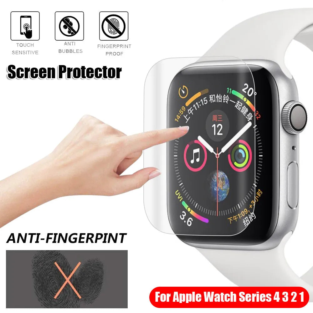 Full coverage hydrogel screen protector for Apple Watch Series 4, 3 and 1 on a watch.