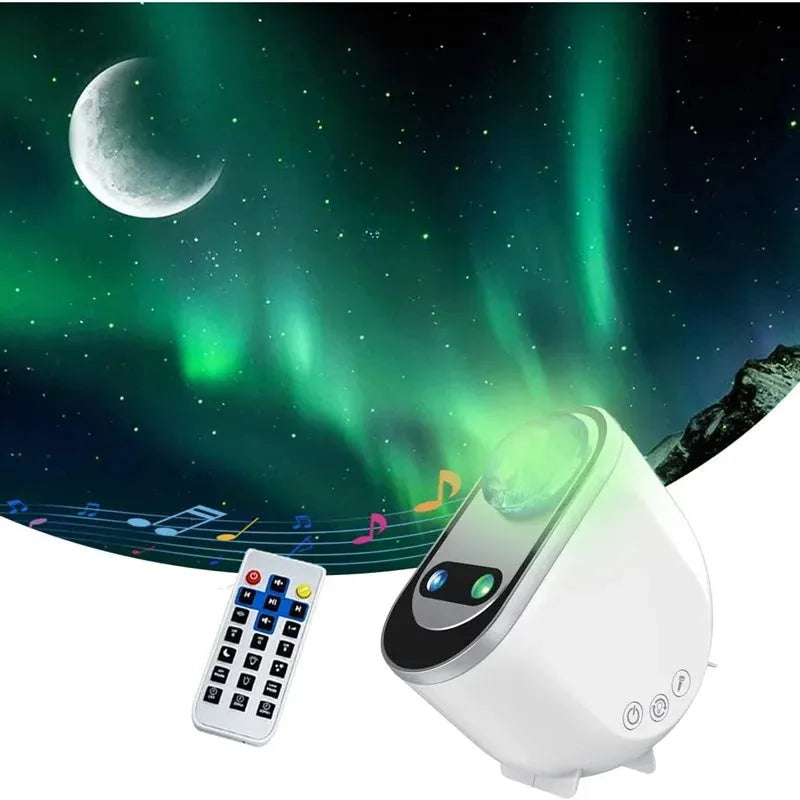 White Northern Lights galaxy star projector with remote control showing galaxy projection effects