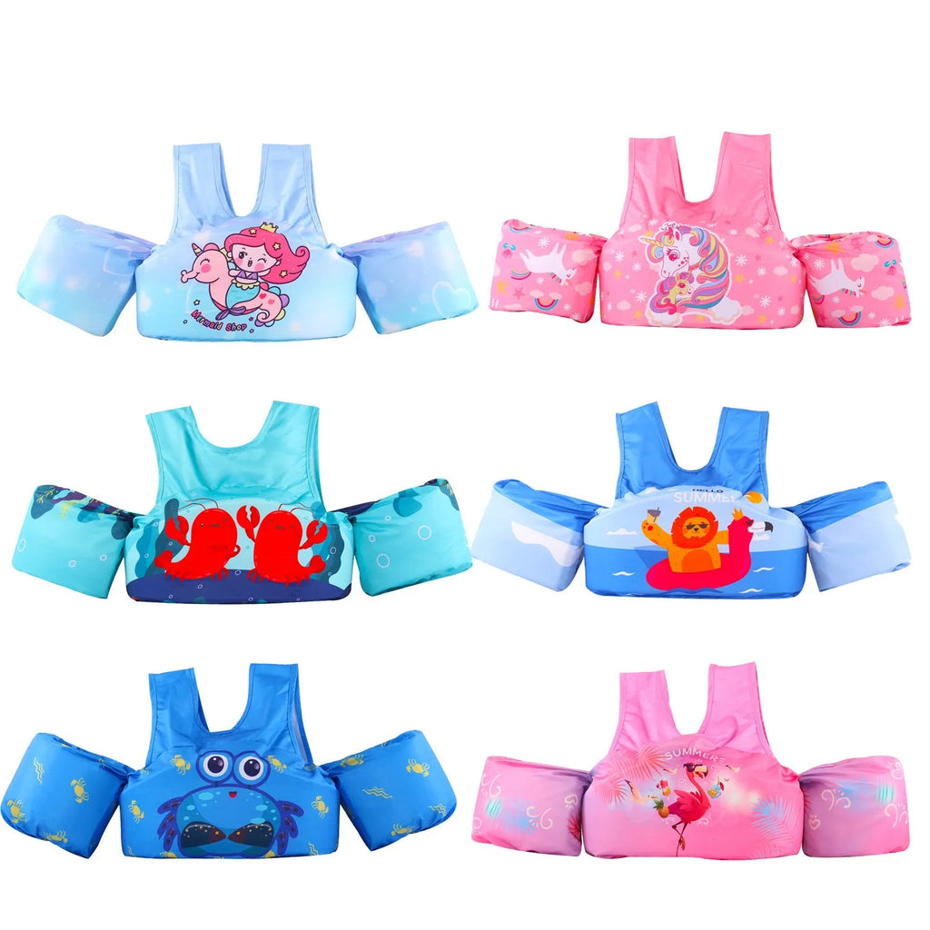 Cartoon-themed children's inflatable arm swimming ring life jacket in polyester.