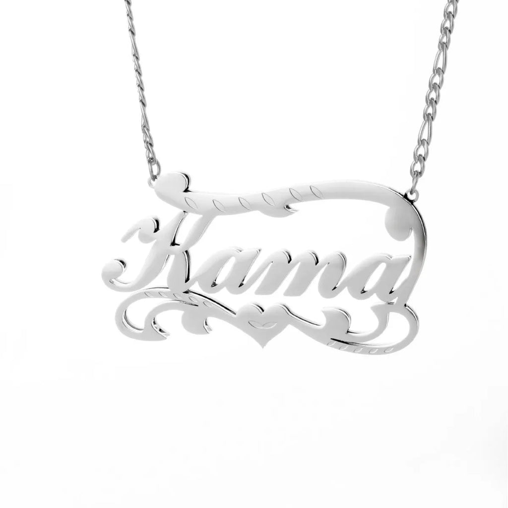 Double-layer wave heart pendant necklace with space for a custom name engraving, shown in gold and silver stainless steel.