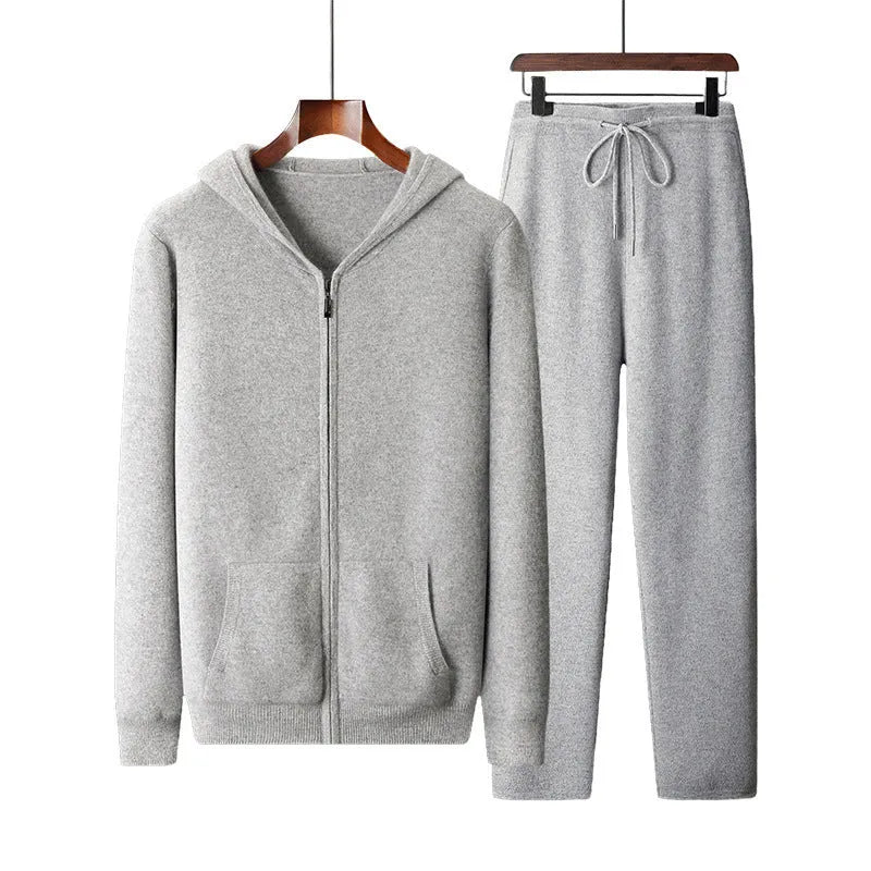 Men's wool coat casual pants suit hooded thickening long sleeve in light gray