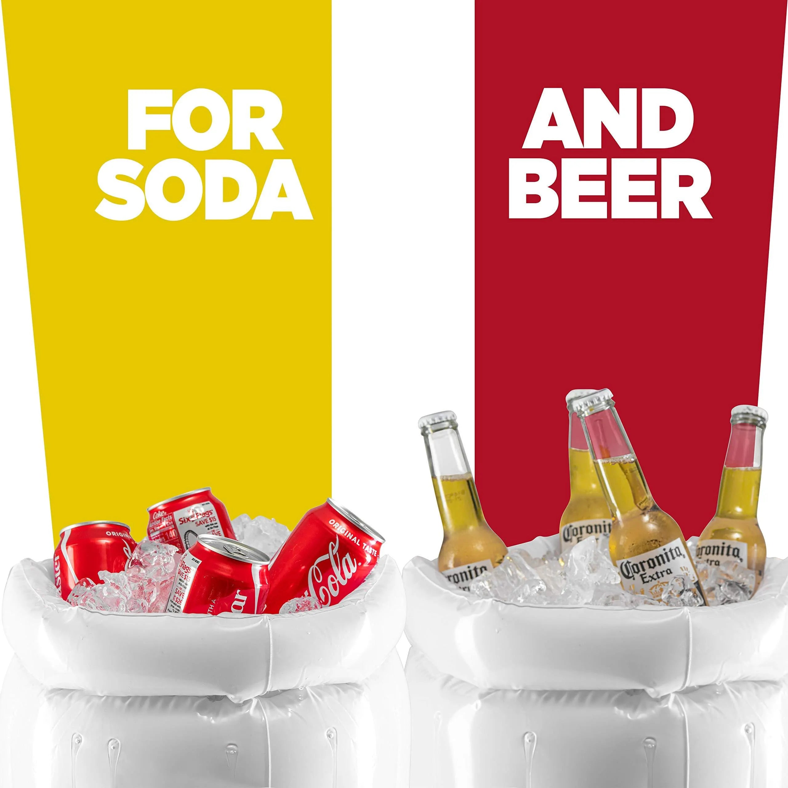 Large yellow inflatable beer mug shaped pool float drink cooler with ice compartment