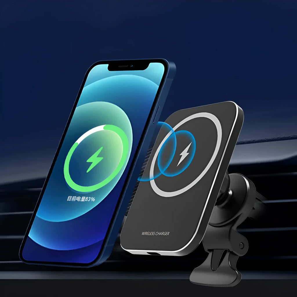 Black magnetic wireless car phone holder with king bracket, charging an iPhone