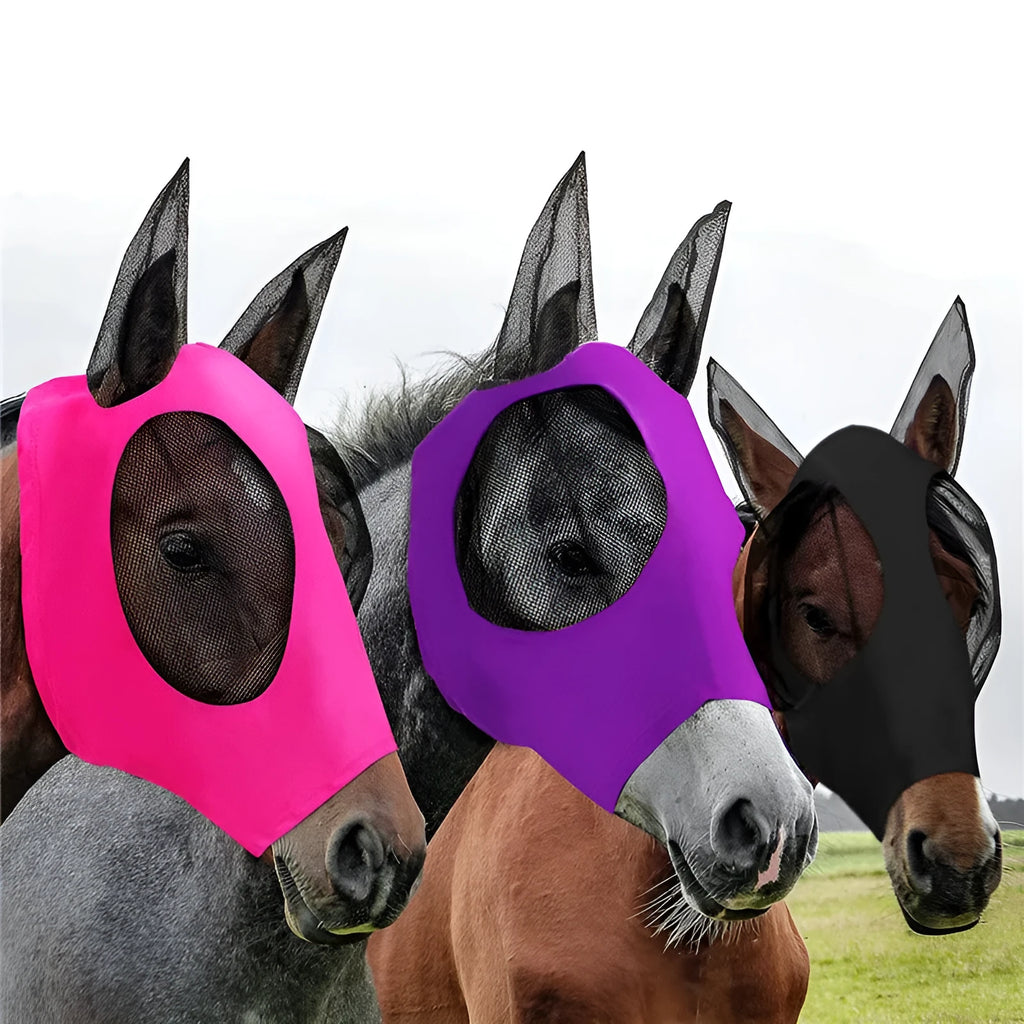 Lycra horse fly mask with ears, check pattern, mesh face, available in blue purple rose red grey black.