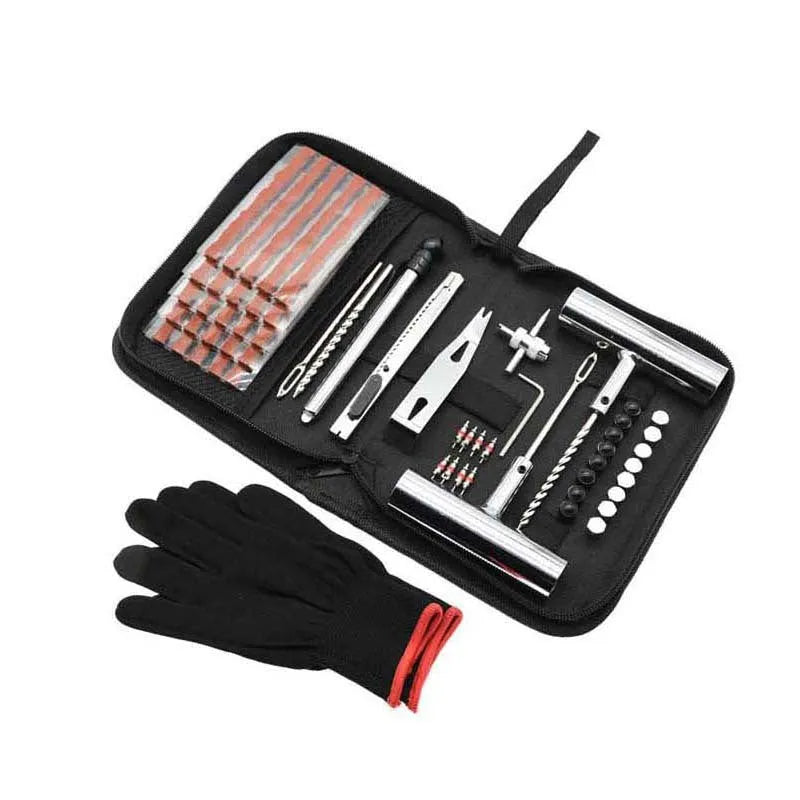 Quick First Aid cloth bag containing a 43-piece steel tyre repair tool kit for bicycles and motorbikes.