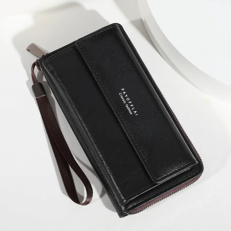 Men's black PU leather bifold wallet with multiple card slots, shown closed.