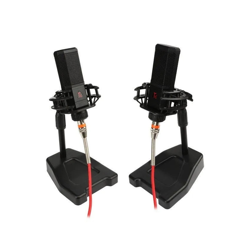 Black condenser wired noise cancelling microphone with shockproof mounting for recording and live streaming