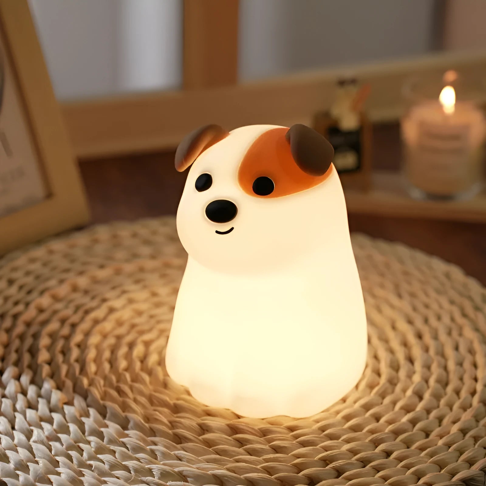 Fashion silicone puppy dog pat night light with built-in battery and Type-C charging on a table
