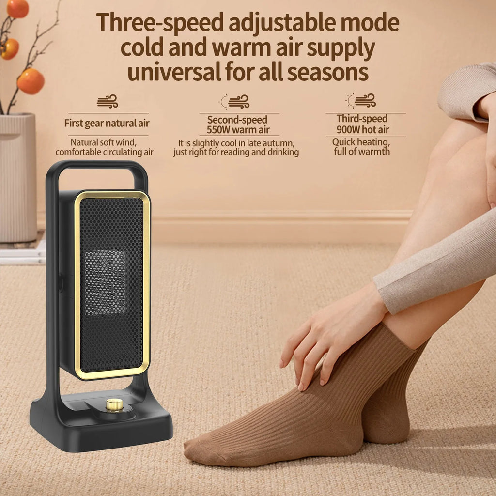 Black compact PTC ceramic desktop air heater with control knob on front