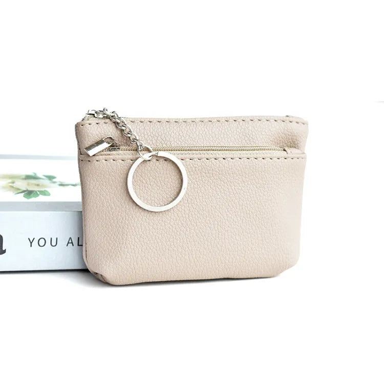 Women's Korean-style soft PU leather key wallet, lychee grain texture, short length, ID card slot, solid colour, beige