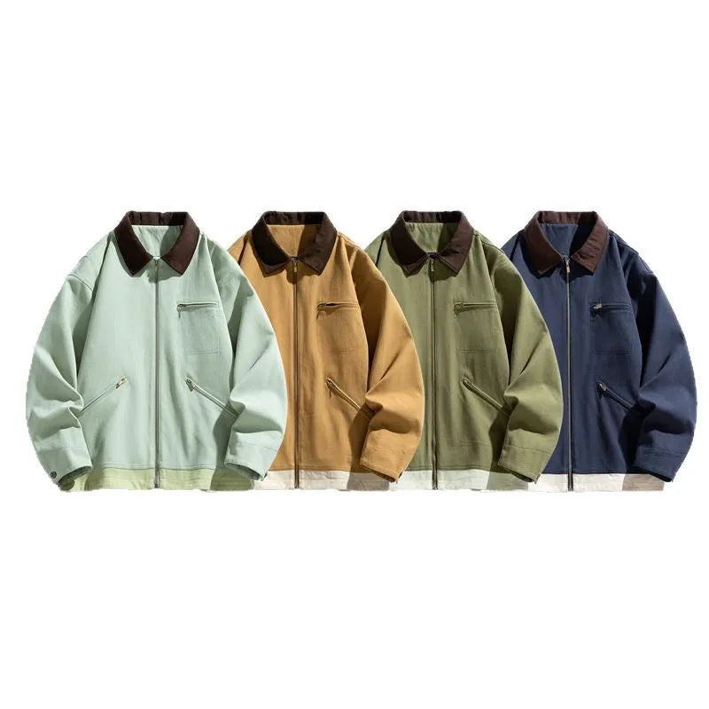 Men's loose-fit Korean-style workwear jacket with contrast colour lapels and side pockets