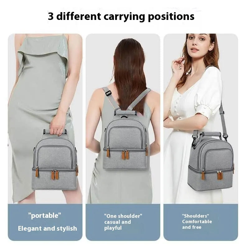Grey women's thermal insulation backpack made of Oxford cloth with a curved shoulder strap.