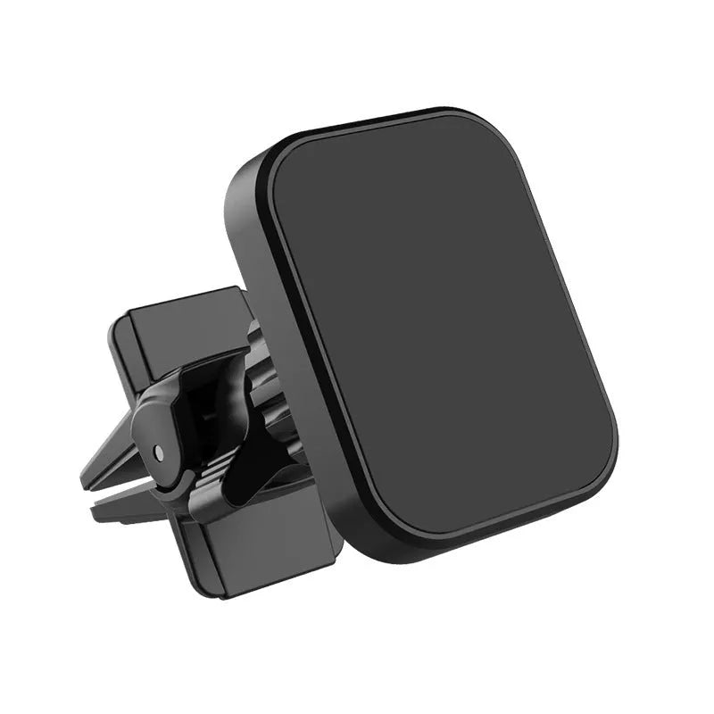 Black magnetic car phone holder mounted on vehicle air vent with smartphone attached