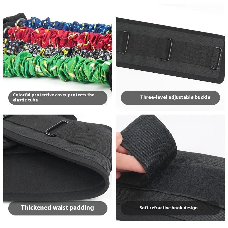 Chest expander elastic fitness belt with red, blue, black, and green sleeves indicating different resistance levels.