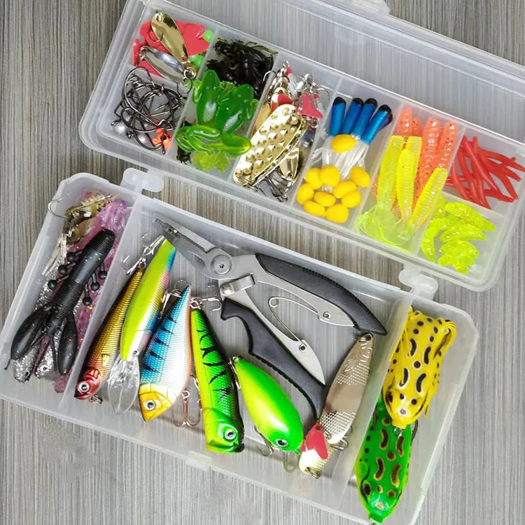 142-piece fishing lure suit with assorted hard mino sequin lures, superbait designs, and metal fishing pliers.