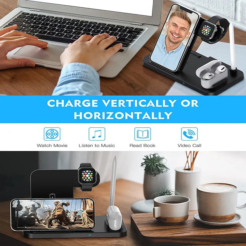 Black four-in-one wireless charging pad for mobile phones with included QC3.0 charging head.