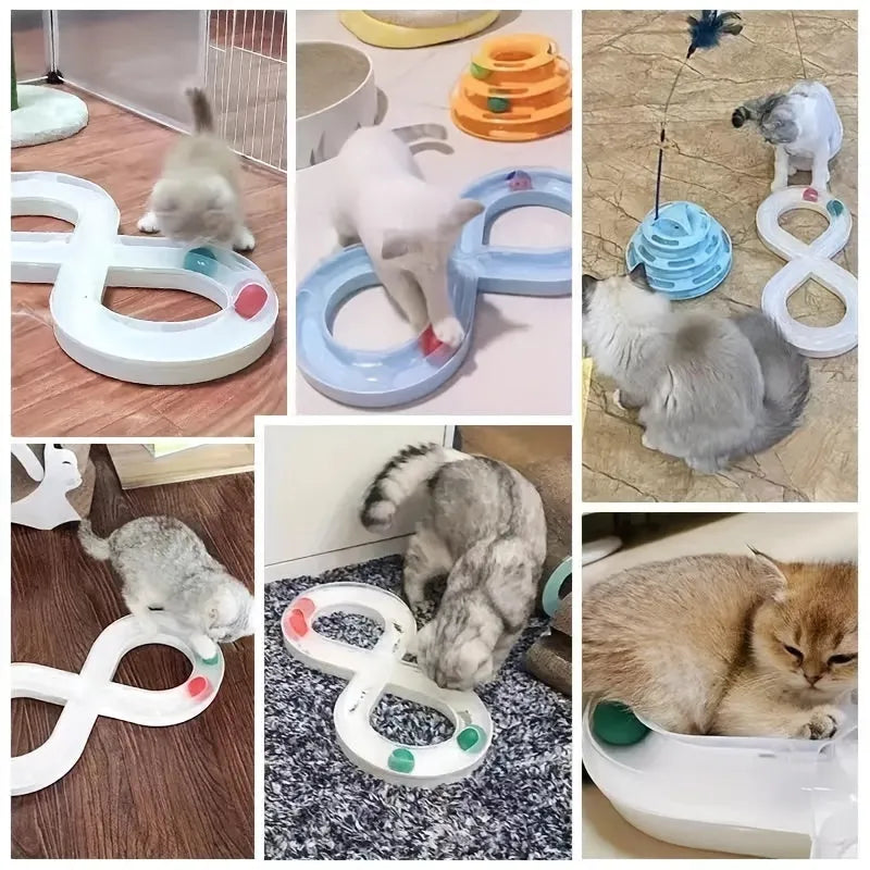 Cat toy set with turntable track ball amusement centre and teasing cat stick on blue background
