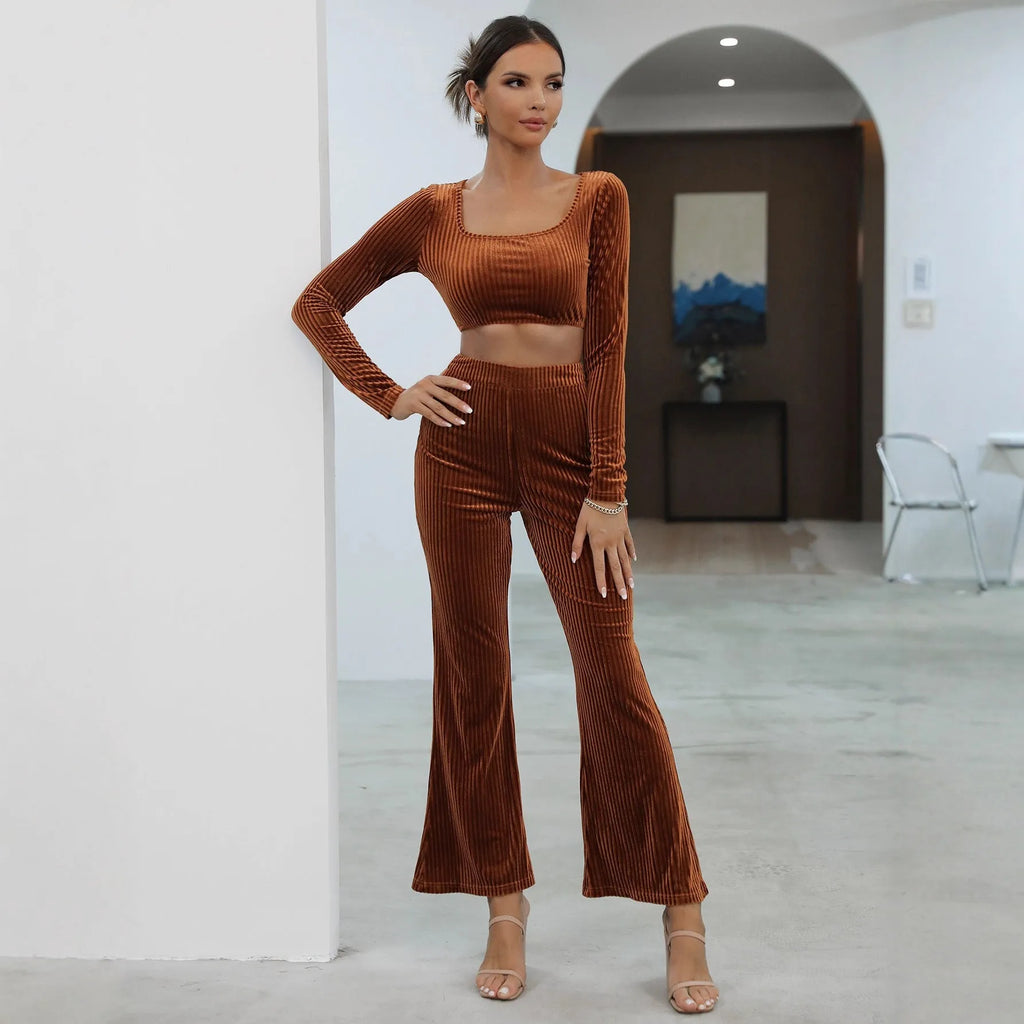 Caramel-coloured women's long sleeve sweater and trousers casual set on a hanger.