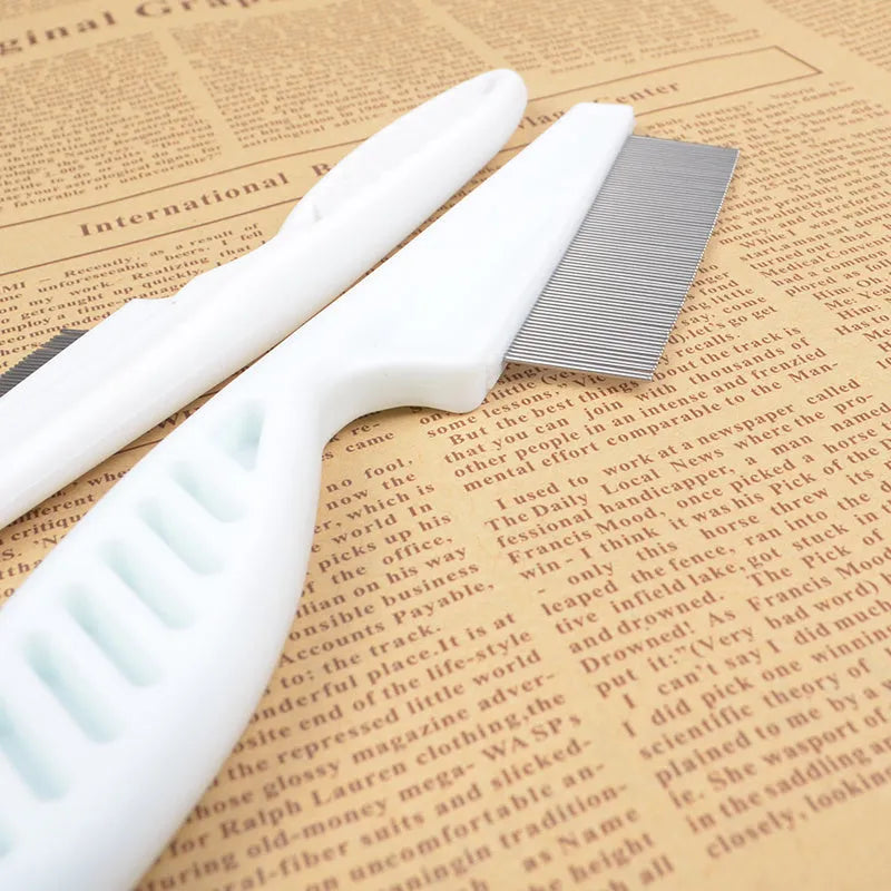 Flea comb for dogs and cats with handle, small 14cm and large 18cm sizes, in white, blue, red or black