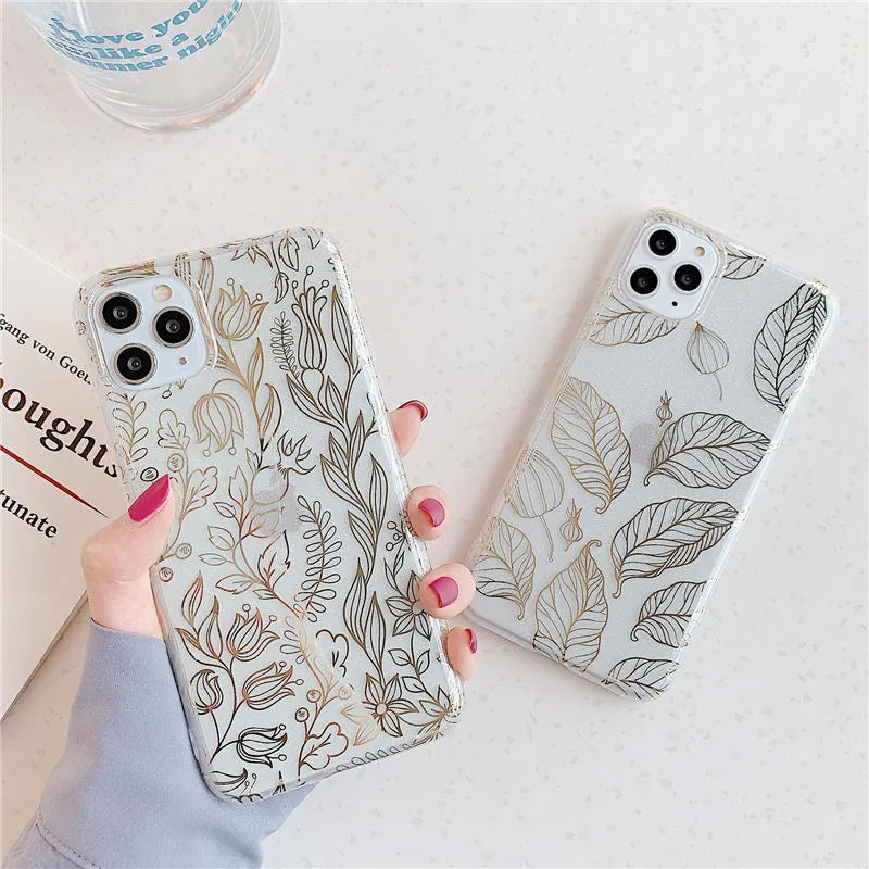TPU leaf flower geometric phone case back cover for Apple iPhone in simple style with three colour options