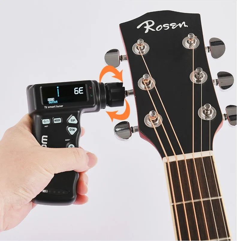 Black and white smart guitar tuner with colour LCD display and string winder function