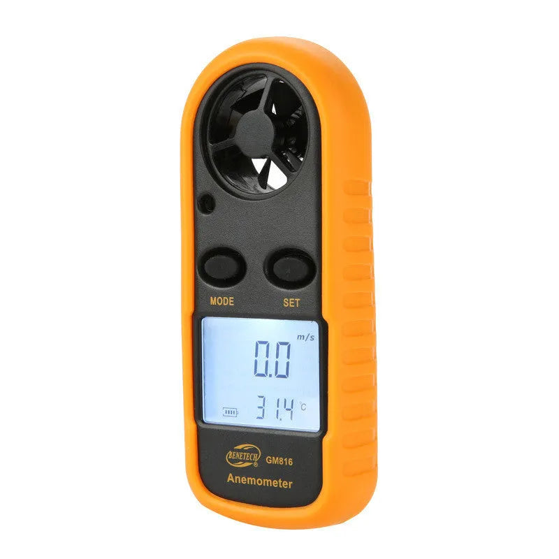 Biaozhi orange digital portable wind speed measuring instrument GM816 anemometer on hand.
