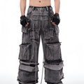 Grey distressed denim overalls with rope stitching mop pants design American style