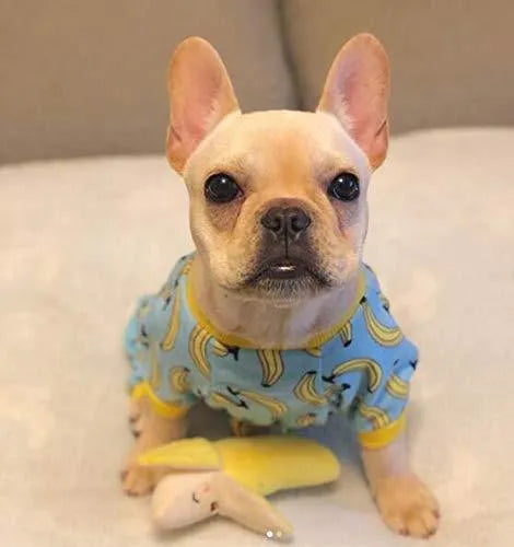 Polyester four-legs pet dog pajamas in Blue banana print, sizes XS to L, with cm measurements for collar, bust, and back length