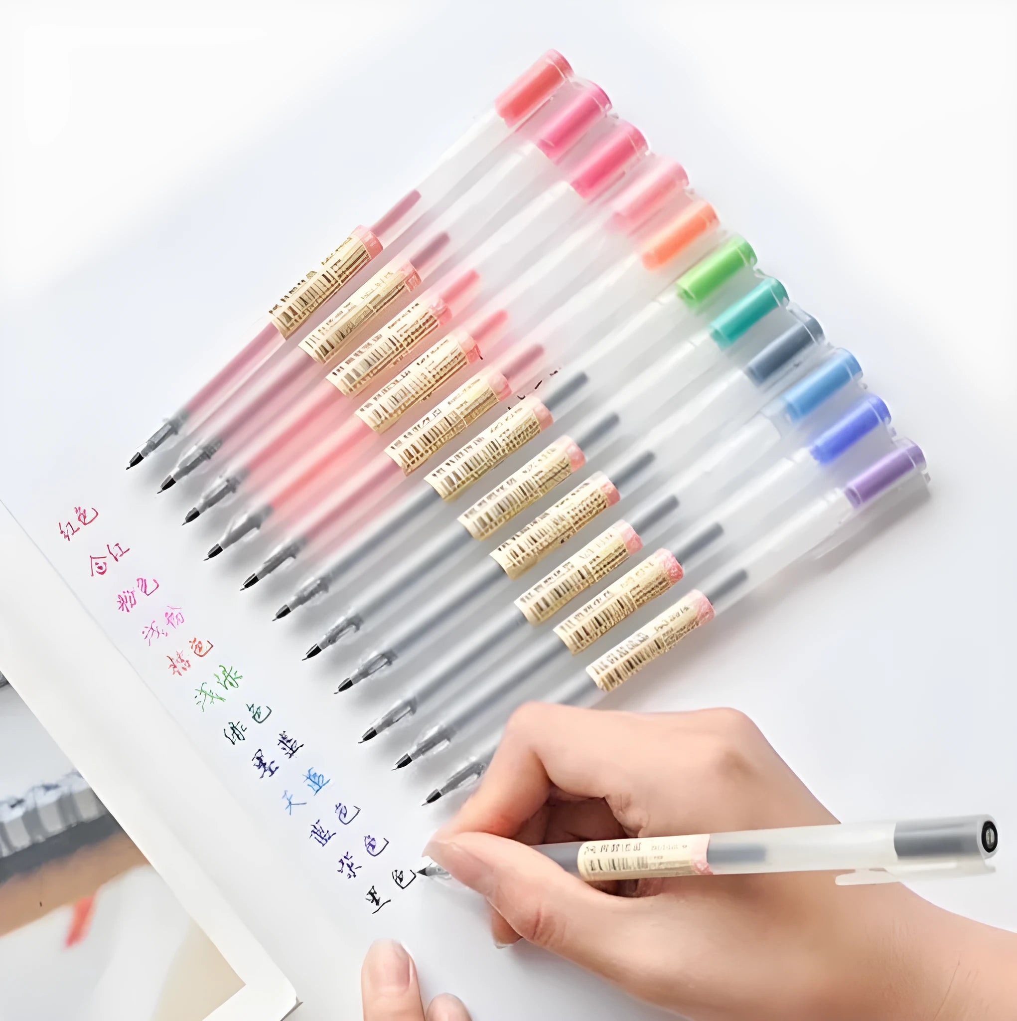 Set of 12 Muji gel pens with 0.5mm fine tips on a white background.