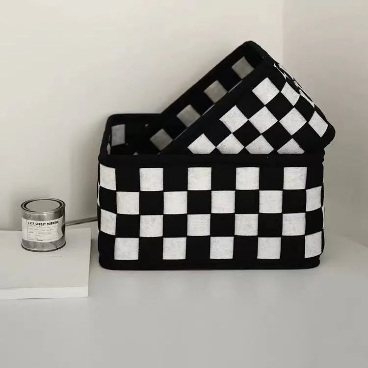 Checkerboard pattern black and white woven felt storage basket with handles